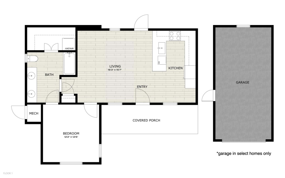 A1 - 1 bedroom floorplan layout with 1 bath and 863 to 885 square feet.